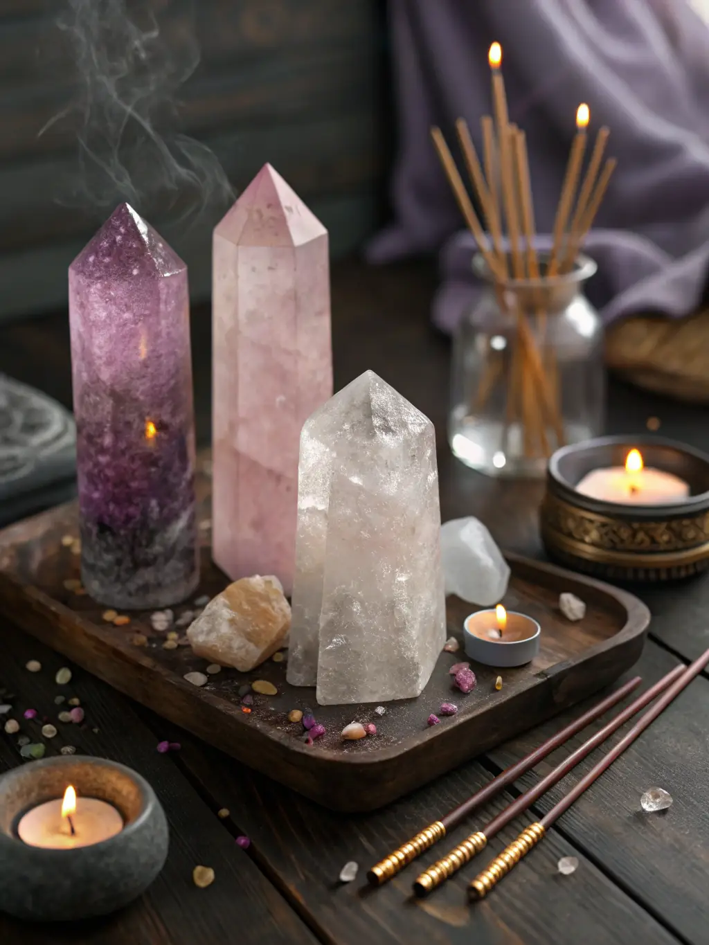 A photograph of various crystals and spiritual tools arranged on a table, symbolizing the tools used in spiritual practices.