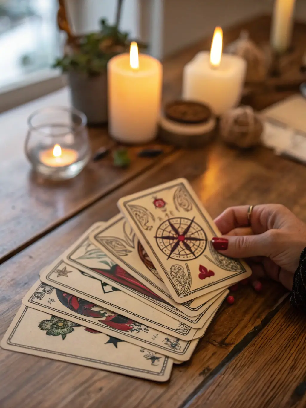 An image of a tarot card reading in progress, with focus on the cards and the reader's hands, conveying a sense of mystery and insight.