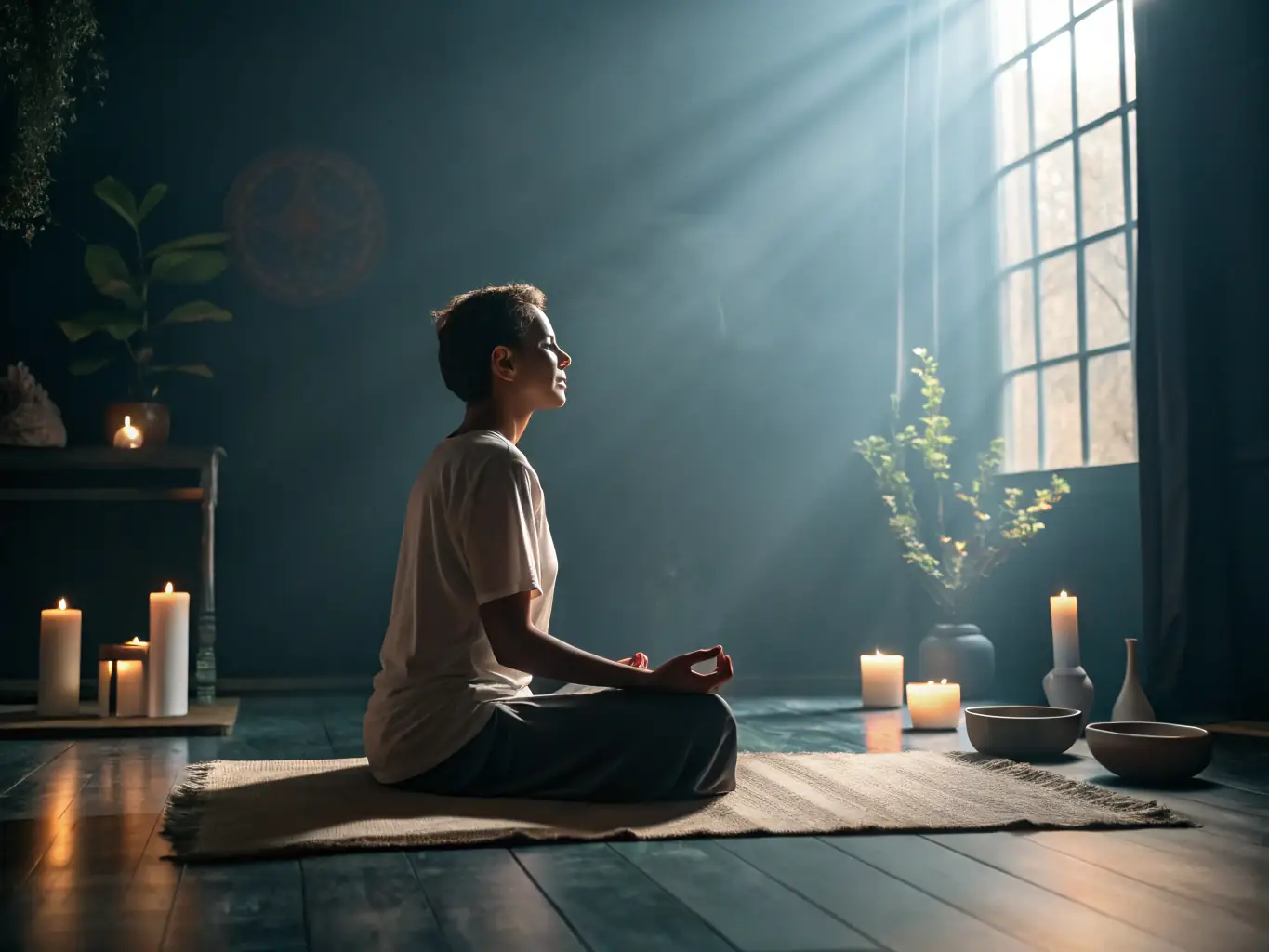 A serene image of a person meditating in a peaceful setting, bathed in warm, golden light, symbolizing the spiritual connection and guidance offered in Anne Medium's consultations.