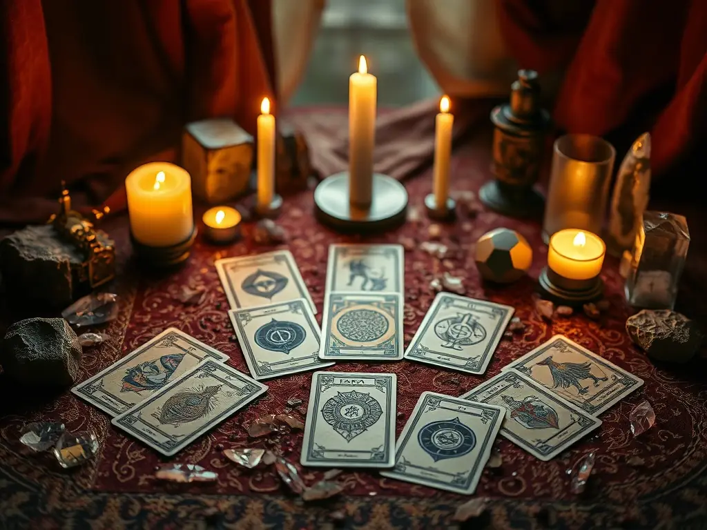 A close-up photograph of tarot cards laid out on a velvet cloth, illuminated by soft, natural light, creating a mystical and inviting atmosphere for Anne Medium's tarot reading service.
